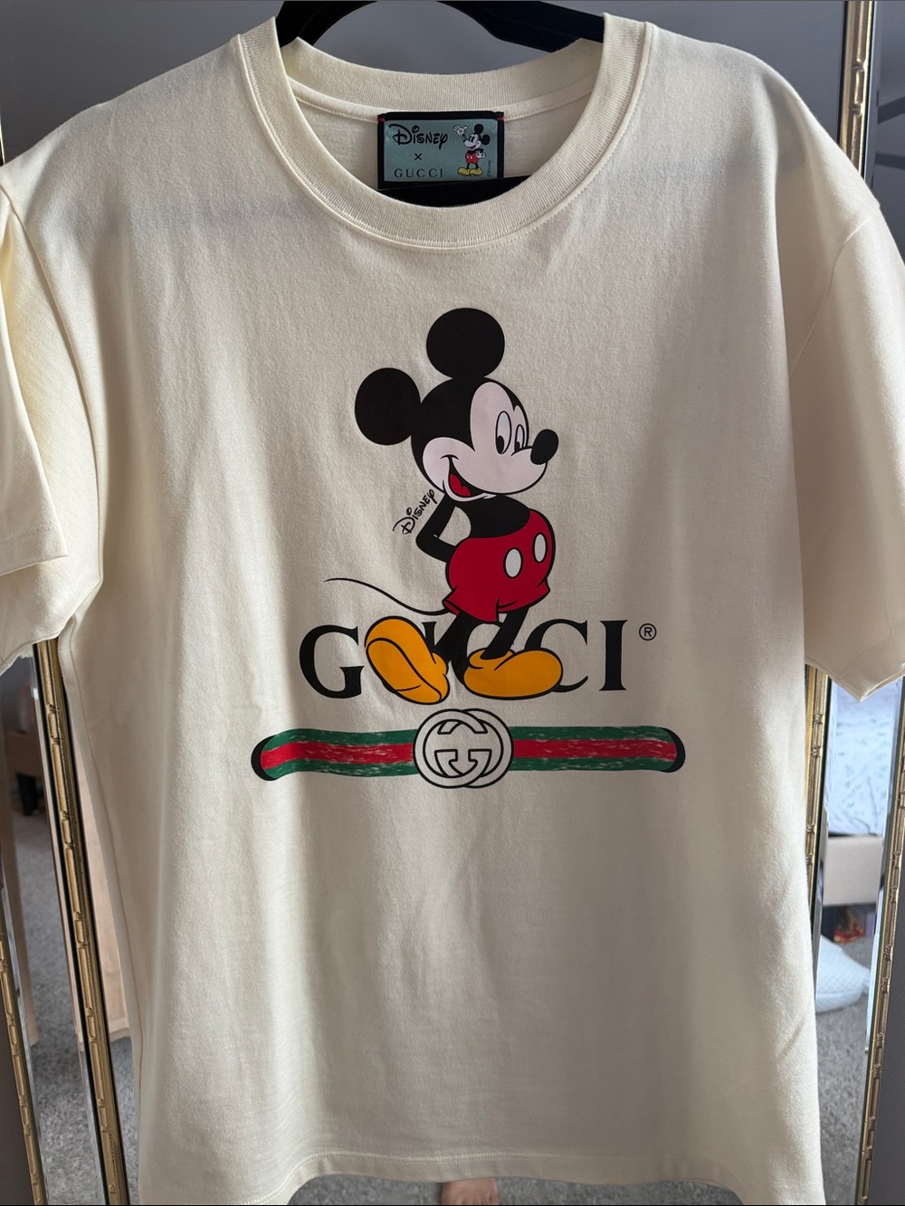 Gucci Cream Mickey Mouse Graphic Tee with Red, Yellow & Green Accents